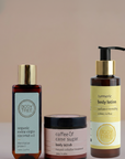 Kerala Weekend TLC Combo Organic Extra Virgin Coconut Oil, Coffee & Cane Sugar Body Scrub, and Turmeric Body Lotion